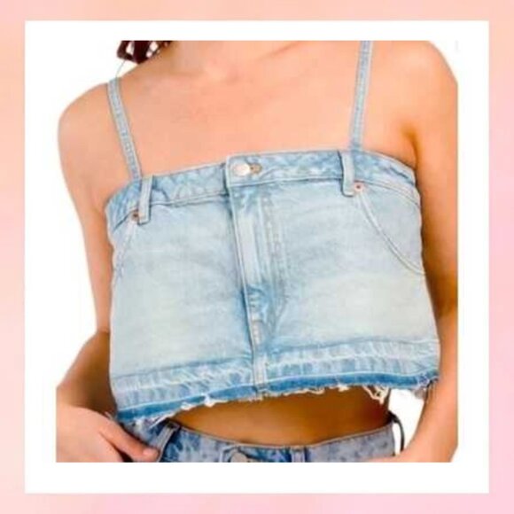 Zara Distressed Blue Denim Jean Strap Skirt Camisole Crop Tank Top SMALL - Picture 1 of 6